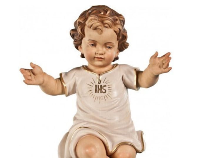 Statue sculpture of dressed baby Jesus, carved in Valgardena wood and hand-decorated, of Italian artisan production