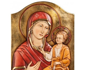 Byzantine Madonna and Child icon carved in Valgardena wood and hand-decorated, of Italian artisan production