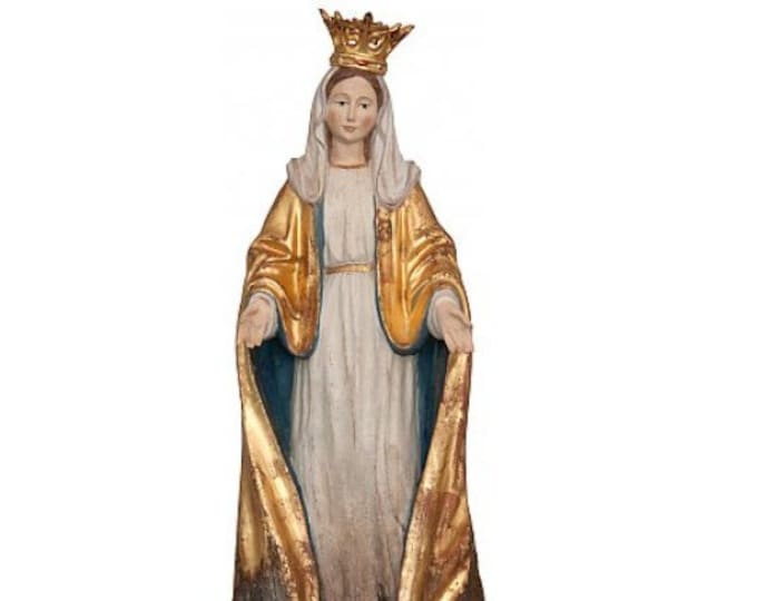 Sculpture statue of the Miraculous Madonna, carved in hand-decorated Valgardena wood root, Italian artisan production