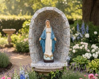 Handcrafted granite grotto 41 x 29 cm with a 30 cm marble resin statue of the Miraculous Madonna, handcrafted in Italy.