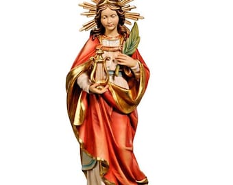 Statue of Saint Cecilia with halo carved in Valgardena wood and hand-decorated, Italian artisan production, various sizes