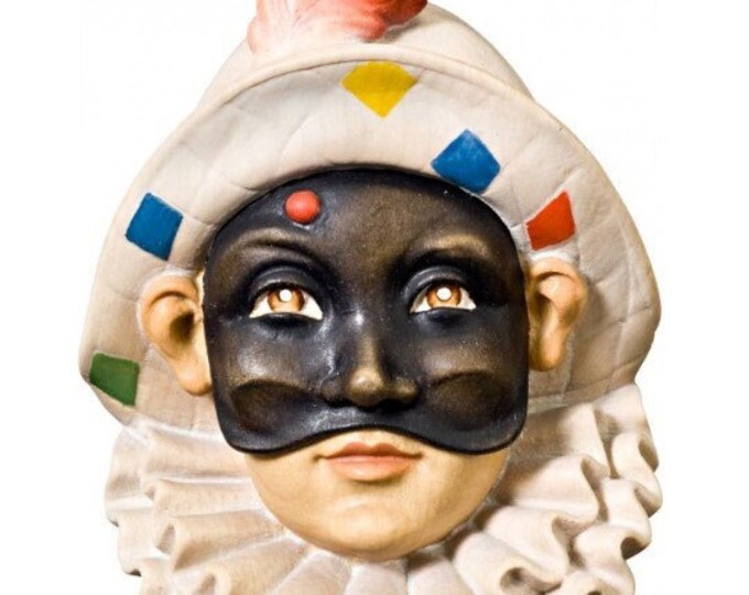Harlequin mask sculpture carved in Valgardena wood, hand-decorated, of Italian artisan production