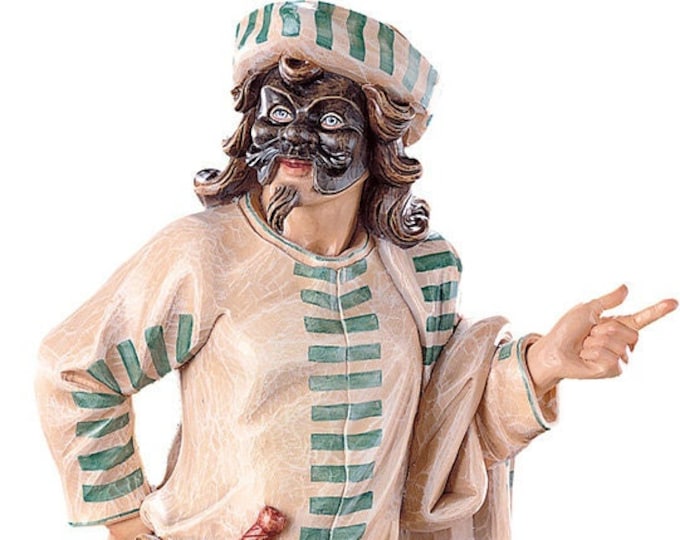 Brighella sculpture, Venetian carnival mask carved in Valgardena wood and hand-decorated, of Italian artisan production