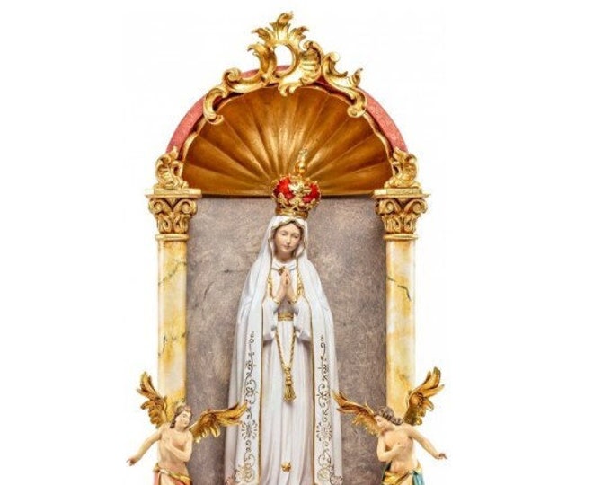 Statue of Our Lady of Fatima in a baroque home altar, carved in Italian-made Valgardena wood