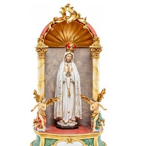 Statue of Our Lady of Fatima in a baroque home altar, carved in Italian-made Valgardena wood