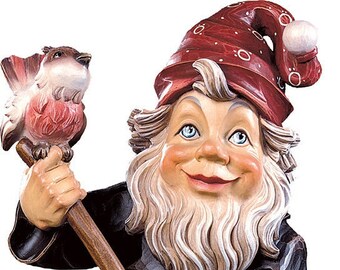 Statue of the Gnome Cleaner carved in wood of Valgardena and decorated by hand of Italian artisan production