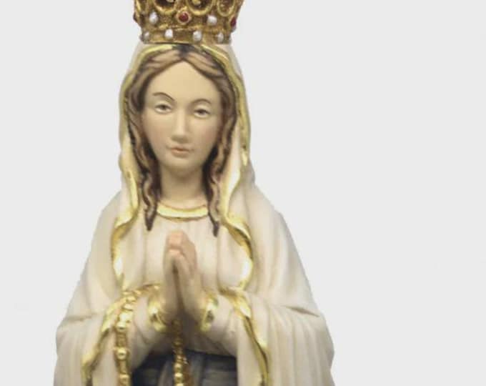 Statue of Our Lady of Lourdes with Bernadette carved in Valgardena wood, hand-decorated, Italian production, various sizes and decorations.
