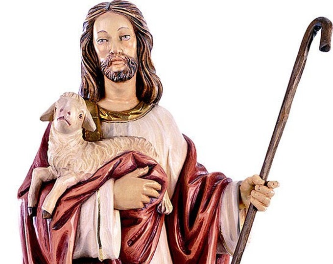 Statue of Jesus the Good Shepherd, carved in Val Gardena wood and hand decorated, of Italian artisan production
