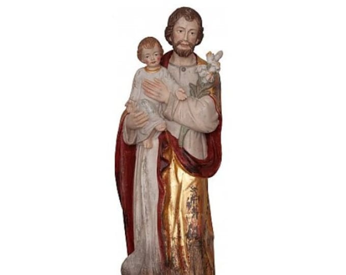 Sculpture statue of Saint Joseph with child, carved in hand-decorated Valgardena wood root, Italian artisan production