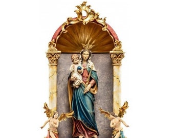Statue of the Madonna of Regina Coeli in a baroque home altar, carved in Italian-made Valgardena wood