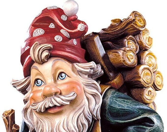 Statue of the Gnome Portalegna carved in wood from Valgardena and decorated by hand of Italian artisan production