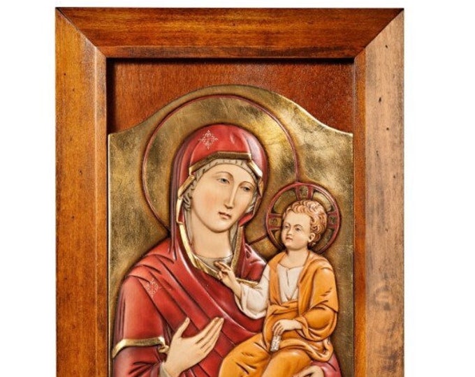 Byzantine Madonna and Child icon carved in Valgardena wood and hand-decorated, of Italian artisan production