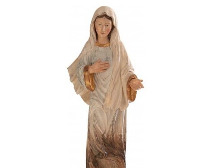Sculpture statue of the Madonna of Medjugorje, carved in hand-decorated Valgardena wood root, Italian artisan production