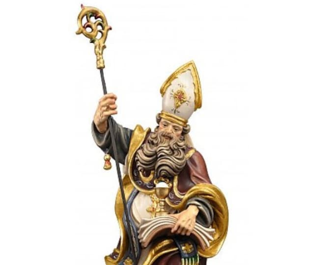 Statue of San Riccardo with chalice carved in Valgardena wood and hand-decorated, of Italian artisan production
