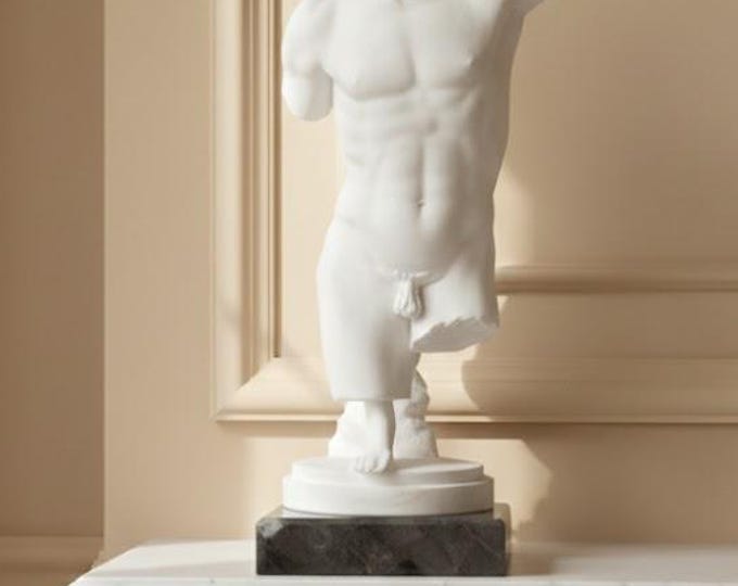 Classical sculpture "Torso of Perseus", 36 cm (14.17 inches) in alabaster powder, marble base, handcrafted, made in Italy