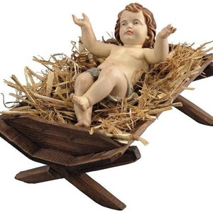 Statue sculpture de l'Enfant Jésus avec berceau, sculptée en bois de Valgardena et décorée à la main, de production artisanale italienne