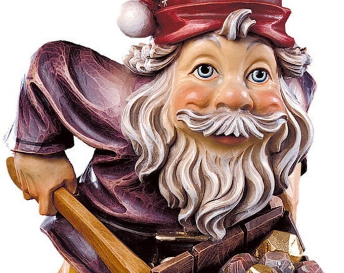 Statue of the Gnome Gold Prospector carved in wood from Valgardena and decorated by hand of Italian artisan production