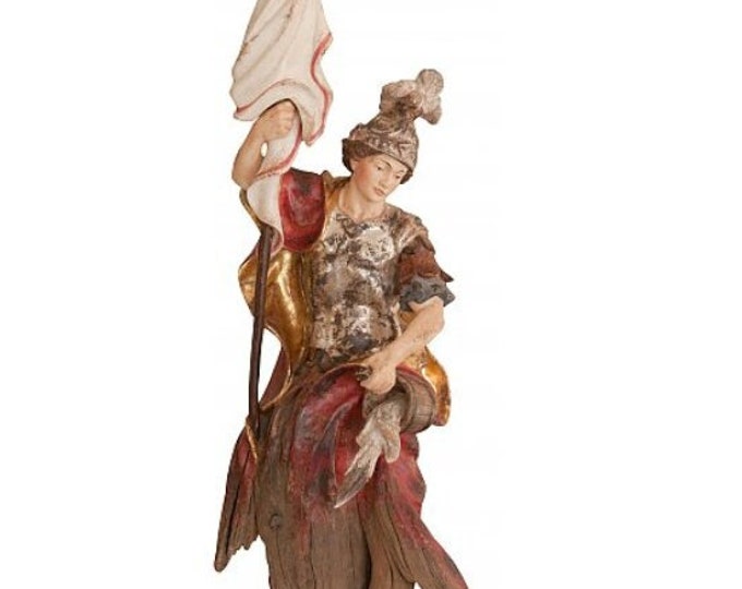 Sculpture statue of San Floriano, carved in hand-decorated Valgardena wood root, Italian artisan production