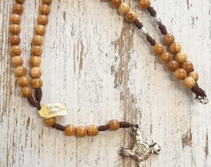 Saint Benedict Rosary, 41 cm, made of olive wood, with a metal cross and a hook, handcrafted in Italy.