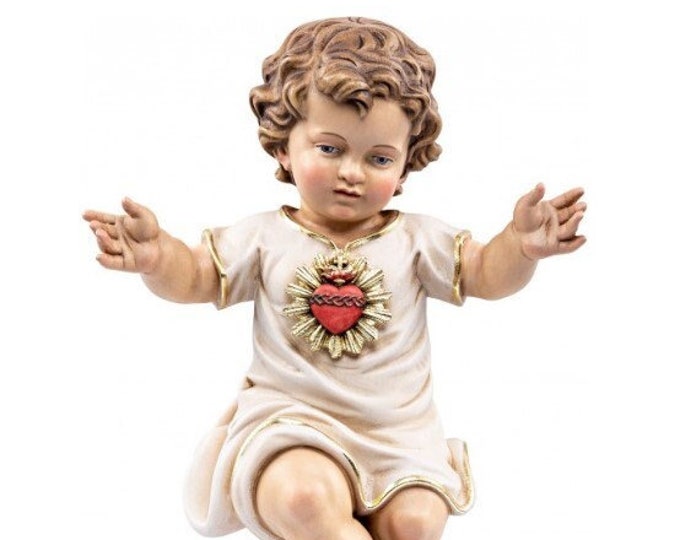 Sculpture statue of baby Jesus with Heart, carved in Valgardena wood and hand-decorated, of Italian artisan production