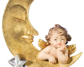 Angel of Raphael with moon, carved in wood of Valgardena and decorated by hand of Italian artisan production