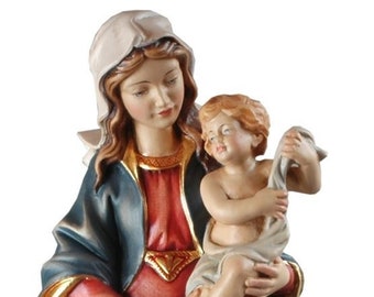 Statue of the Madonna and Child carved from Valgardena wood and hand-decorated, handcrafted in Italy.