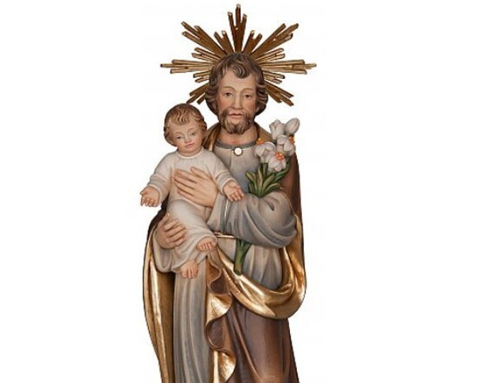 Statue of Saint Joseph with baby Jesus carved in hand-decorated Valgardena wood of Italian artisan production