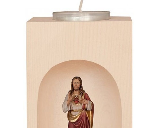 Candle holder with sculpture of the Sacred Heart of Jesus, carved in Valgardena wood, hand decorated, Italian production