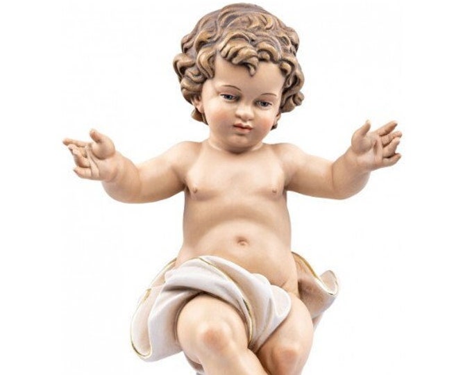 Baby Jesus sculpture statue, carved in Valgardena wood and hand decorated, Italian artisan production