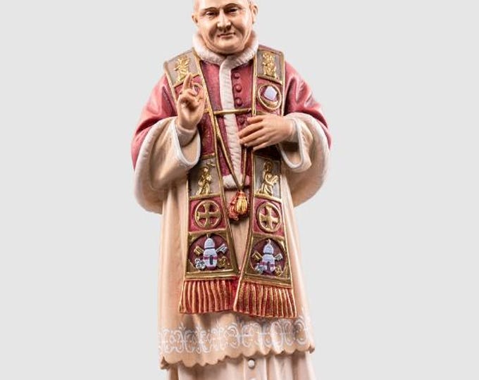 Statue of Saint Pope John XXIII, carved from Valgardena wood and hand-decorated, Italian artisan production.
