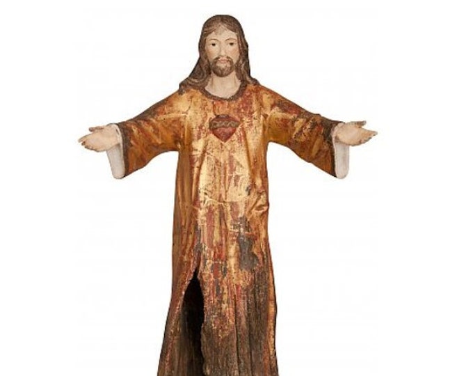 Sacred Heart of Jesus sculpture statue, carved in hand-decorated Valgardena wood root, Italian artisan production