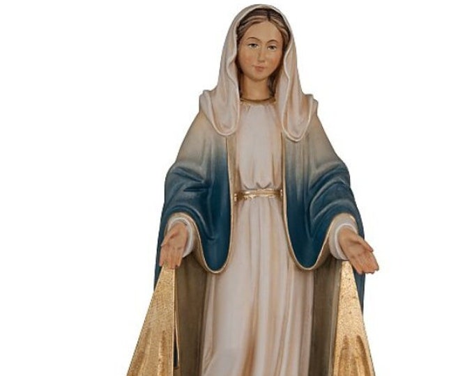 Madonna delle Grazie statue with rays carved in Valgardena wood and decorated by hand, of Italian artisan production