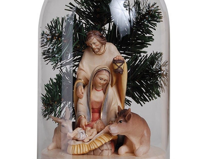 Nativity scene in glass bell carved in Valgardena wood and decorated by hand, various sizes, Italian artisan production
