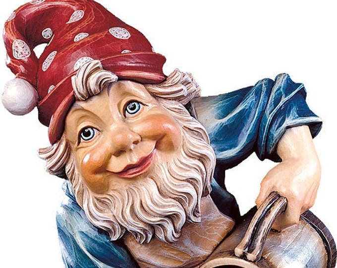 Statue of the Gnome Gardener carved in wood from Valgardena and decorated by hand of Italian artisan production