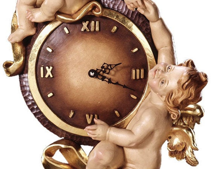 Wall clock with angels, carved in Valgardena wood and hand decorated with Italian craftsmanship