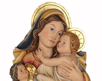 Sculpture of the Madonna with child and angels to hang carved in wood of valgardena decorated by hand Italian artisan production