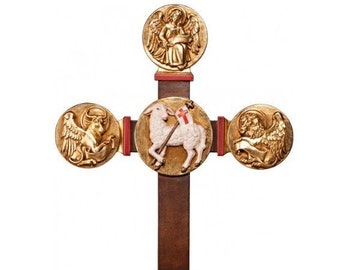 Crucifix Lamb of God and Evangelists, carved in hand-decorated Valgardena wood, of Italian artisan production