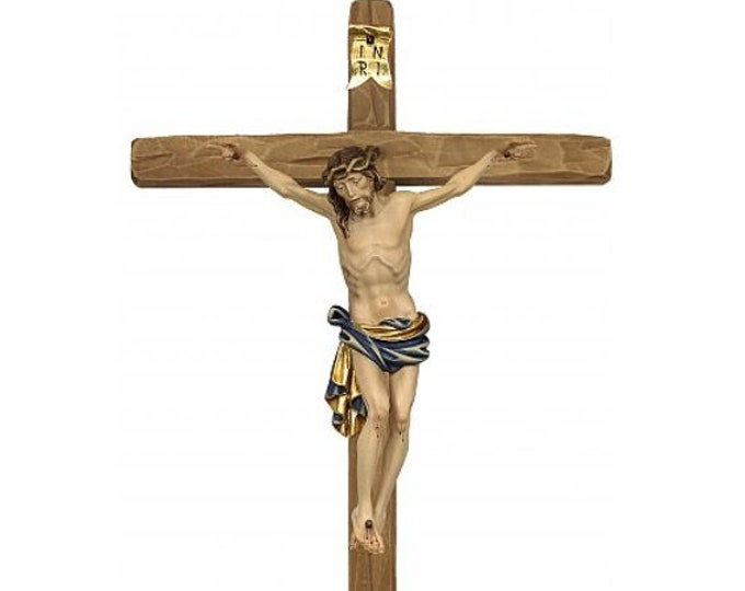 Dolomite cross crucifix, carved in Valgardena wood and decorated by hand, various sizes, of Italian artisan production