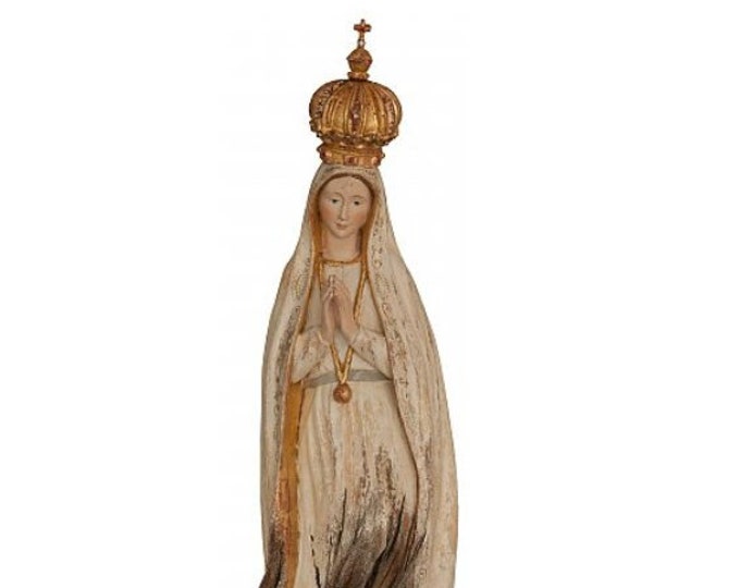 Sculpture statue of Our Lady of Fatima, carved in hand-decorated Val Gardena root wood of Italian artisan production