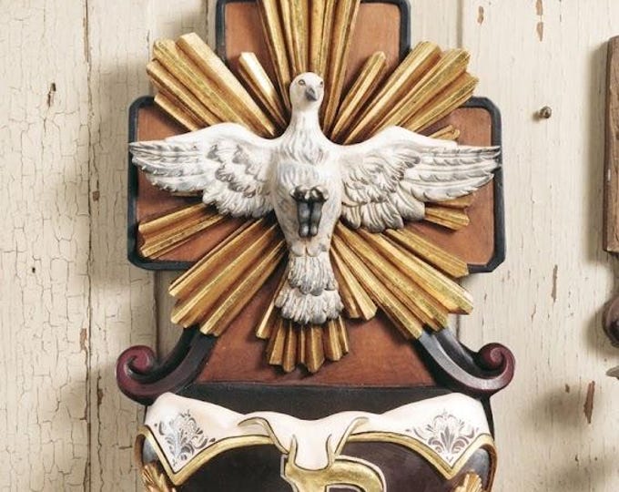 Holy water stoup with Holy Spirit, carved in Valgardena wood and hand-decorated with oil colours and gold leaf, made in Italy