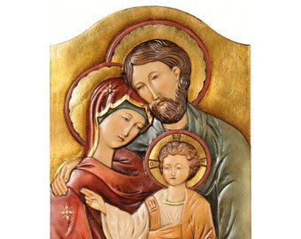 Byzantine Holy Family icon carved in Valgardena wood and hand-decorated, of Italian artisan production