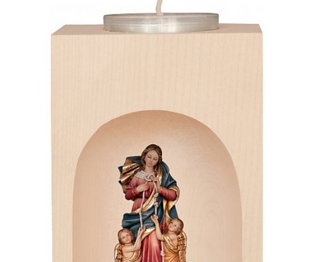 Candle holder with sculpture of the Madonna Maria untying the knots, carved in Valgardena wood, hand decorated, Italian production