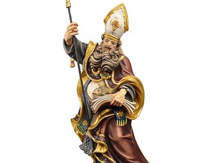 Statue of San Zeno of Verona with fish carved in Valgardena wood and decorated by hand, of Italian artisan production