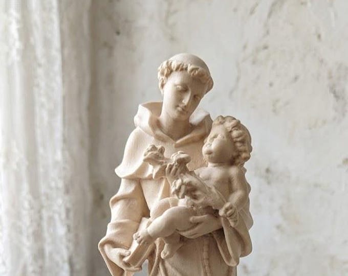 Statue of Saint Anthony of Padua carved in natural Valgardena wood, 20 cm (7.87 inches), handcrafted in Italy