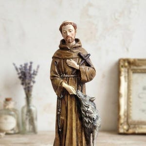 Estatua de San Francisco de Asís 32 cm (12,59 pulgadas) en mármol de resina maciza decorada a mano, producción artesanal italiana