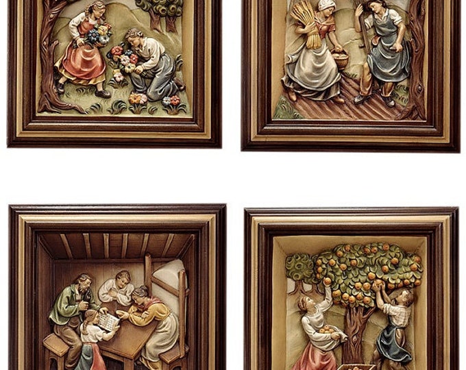 Set 4 Bas-reliefs "Four seasons" framed, carved in wood of valgardena decorated by hand of Italian artisan production