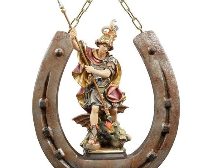 Sculpture of St. George on horseshoe, carved in valgardena wood decorated by hand of Italian artisan production