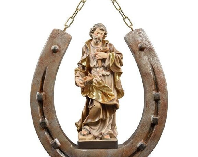 Sculpture of St. Joseph on horseshoe, carved in wood of valgardena decorated by hand of Italian artisan production