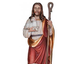 Statue of Jesus the Good Shepherd, carved in Valgardena wood and hand decorated, Italian artisan production