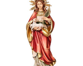 Statue of Saint Agnes with halo carved in Valgardena wood and hand-decorated, Italian artisan production, various sizes